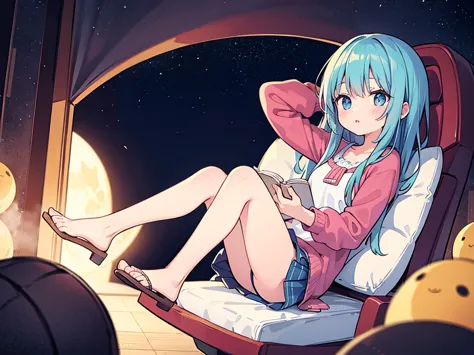 illustration of a girl sitting on the moon