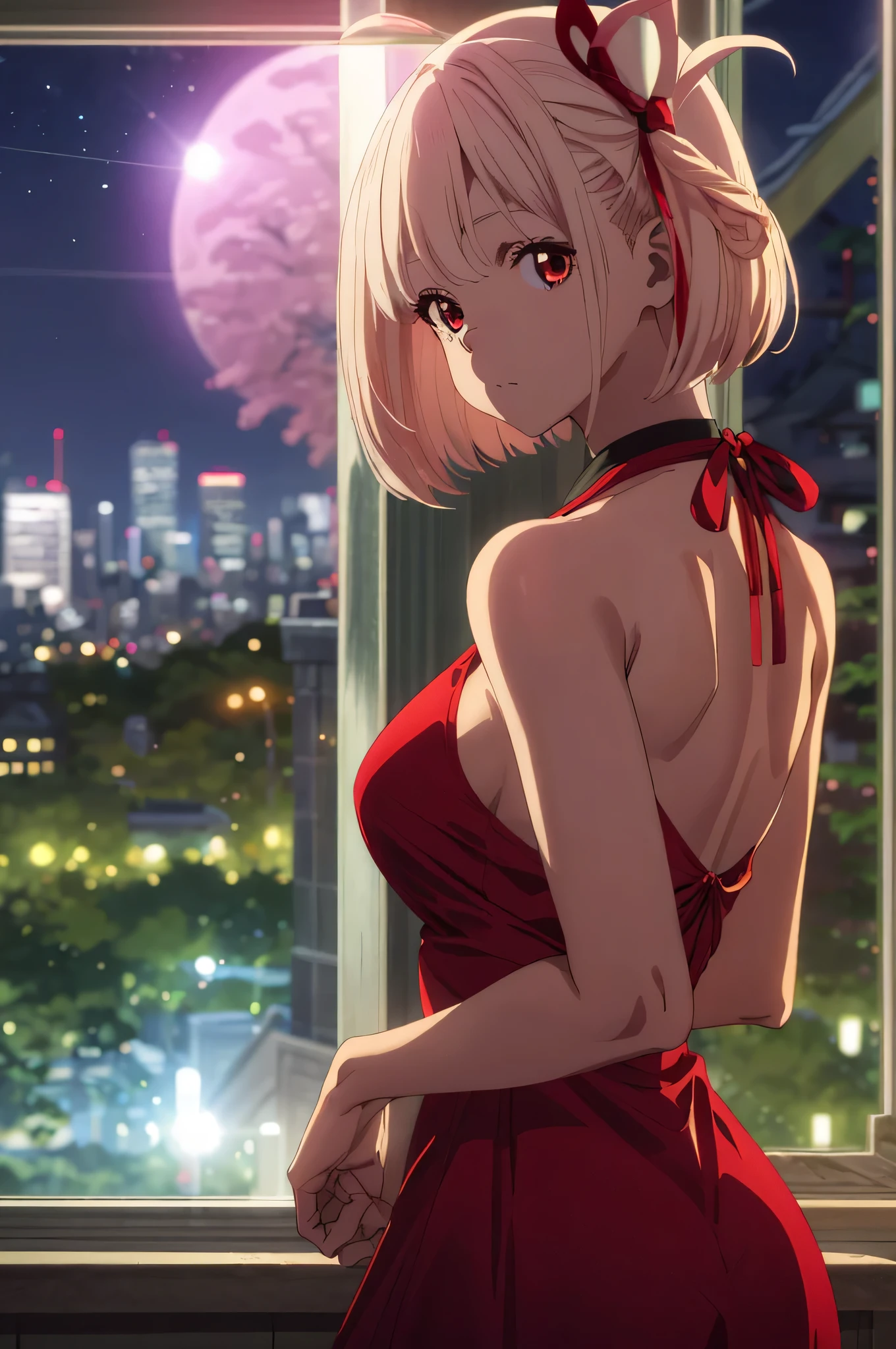 Meilleure qualité d&#39;image、最Haute qualité、Haute qualité、Ville de nuit、Vue nocturne、Ville、Ville of tokyo、fille,robe rouge、Robe avec poitrine ouverte、robe dos nu、Levez les bras、grand breasts、grand 、魅力的なvallée、vallée、vue latérale、voir、vue de près、Séance、Haut du corps、Haut du corpsfoucus,éblouissement de la lune, bokeh, Profondeur de la limite écrite, Arrière-plan flou, Senzoku Nishikigi、blond court carré、bien、bienヘア、Tressage des cheveux、les yeux rouges、ruban rouge、Ville内、Ville、Ville of tokyo
