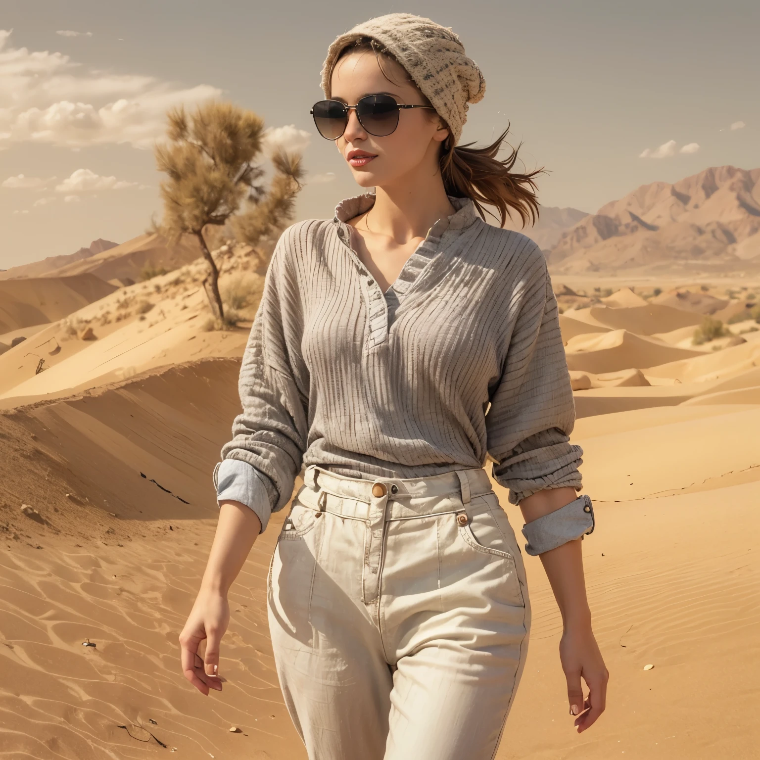 ((Best quality)), ((masterpiece)), ((realistic)), ((Best quality)), ((masterpiece)), ((realistic)), Girl walking in desert, looking tired, wearing Loose-fitting clothing Long-sleeved shirts and pants, Headgear, Sunglasses, very beautiful, in a natural and casual style on eye level, scenic, masterpiece, (highres), original, extremely detailed 8K , (photorealistic:1.4),flawless face, perfect eyes,symmetrica body shape,smile