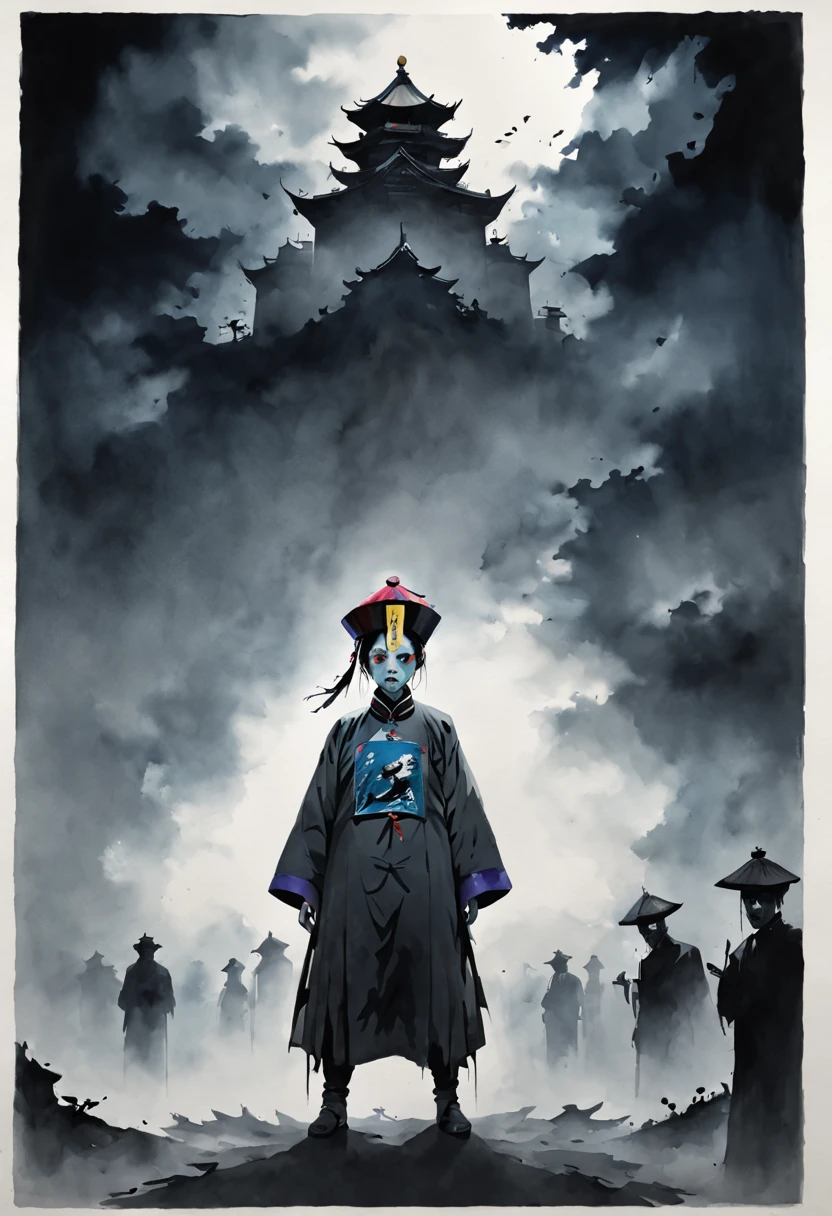 Un hombre zombi alto, negro y aterrador de la dinastía Qing viste de zombi_sombrero y papel huangfu en la frente en el medio de la cara , Tiene ambas manos en alto sin taparrabos y con el uniforme oficial negro de un mandarín de la dinastía Qing que generalmente se representa a los jiangshi.,ojos mortalmente aterradores, diseño simétrico, mirada escalofriante, tema de terror, ojos alineados simétricamente (Fotogramas:1.5), (póster:1.5), (Pintura con tinta y acuarela.:1.5),(actual),((Obra maestra), (mejor calidad), super alta resolución, Excelentes detalles, iluminación dramática, alta resolución, 8k, ridículo,Chino building, Chino tower, obsolete , (Chino_claro_zombie:1.5),La paleta de colores es oscura y siniestra., Crear una atmósfera de miedo.. The overall composition reflects the ink elements of Asian horror pósters and traditional Chino aesthetics , (Eliminar Excluir sin estilos japonés ni coreano).