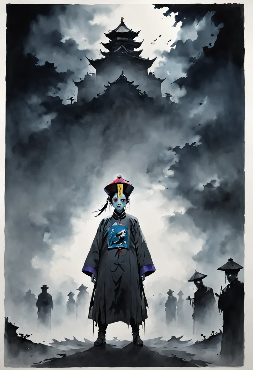 A tall black terrifying Qing Dynasty zombie man wears zombie_hat and huangfu paper on the forehead in the middle of the face , i...