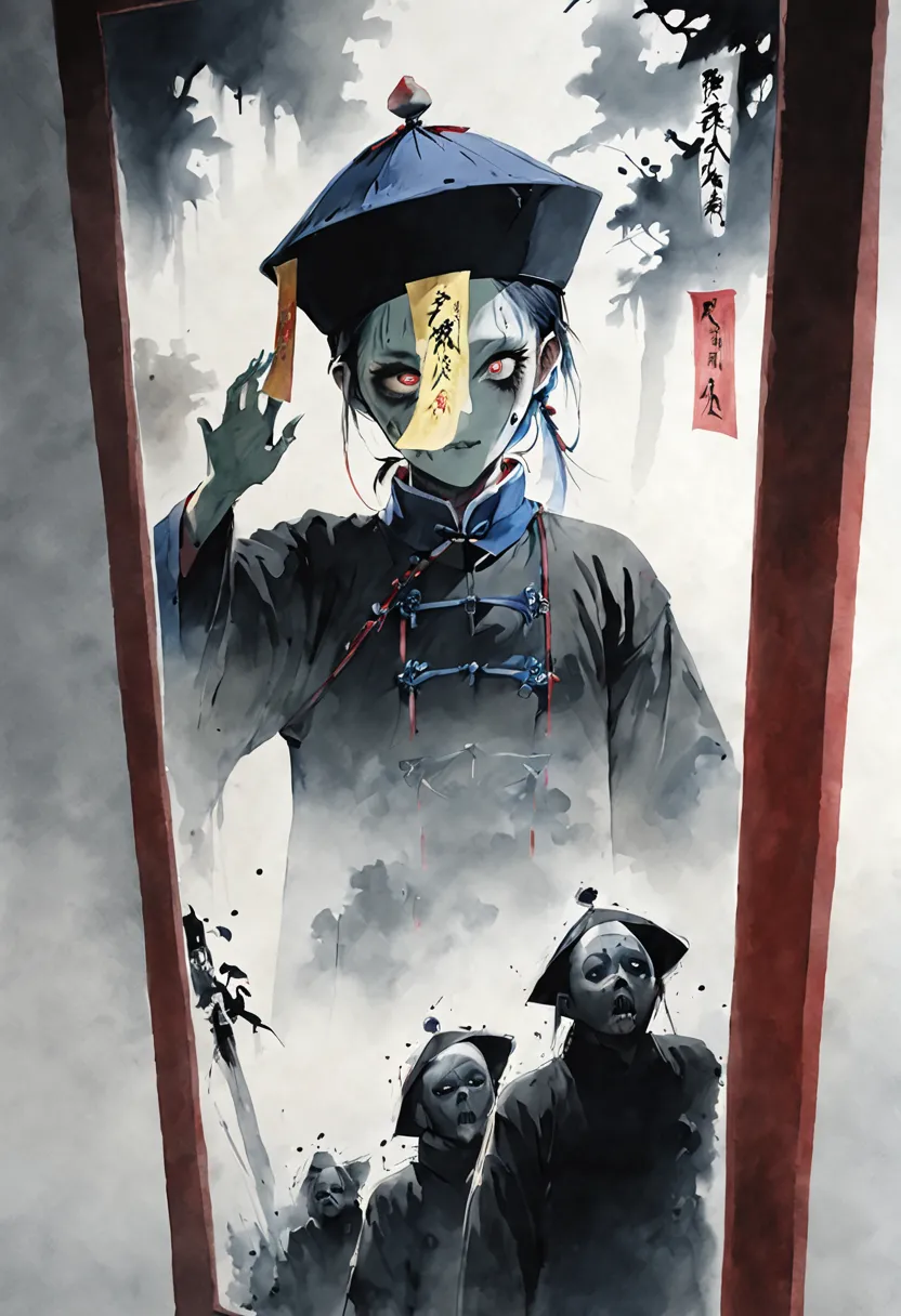 A tall black terrifying Qing Dynasty zombie man wears zombie_hat and huangfu paper on the forehead in the middle of the face , i...