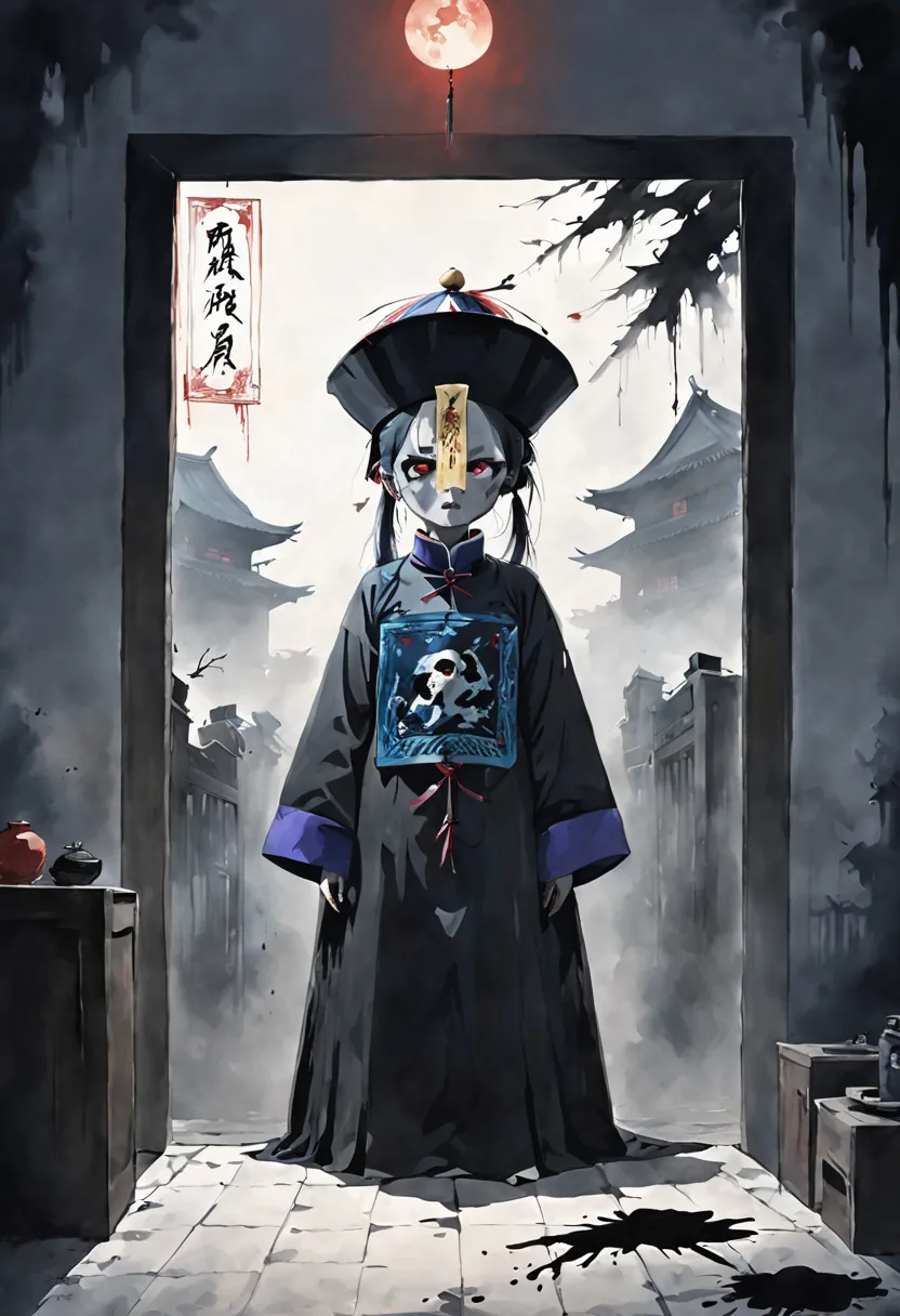 A tall black terrifying Qing Dynasty zombie man wears zombie_hat and huangfu paper on the forehead in the middle of the face , i...