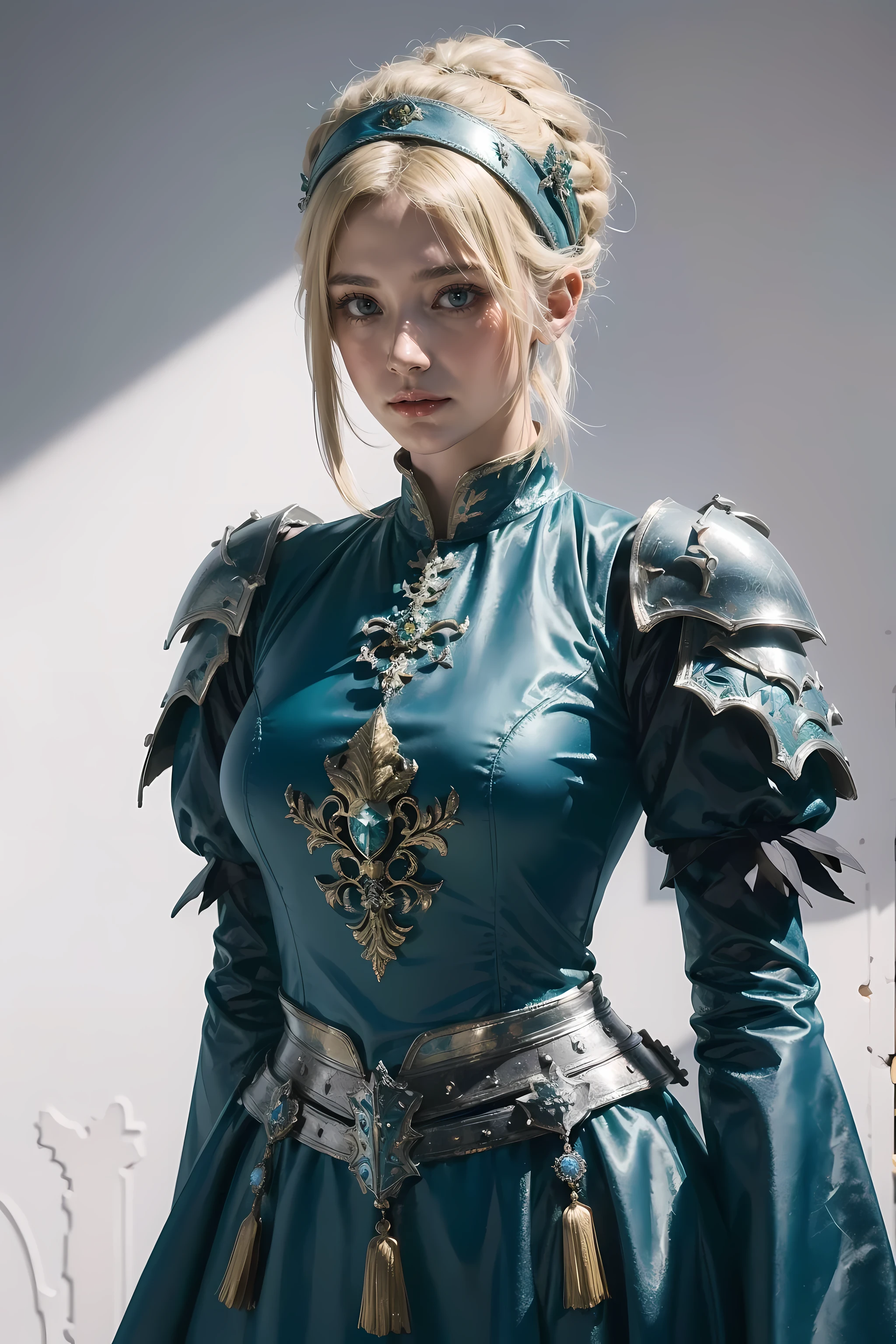 (masterpiece:1.2), (ridiculous), (best quality) (Traditional media:1.2)  , (White background), Upper body, (poker face),  Artoria_Pendragon_(destiny), To know, armor, blonde hair, Handguard, green eyes, scarf, armored dress, Alcohol, blue dress,