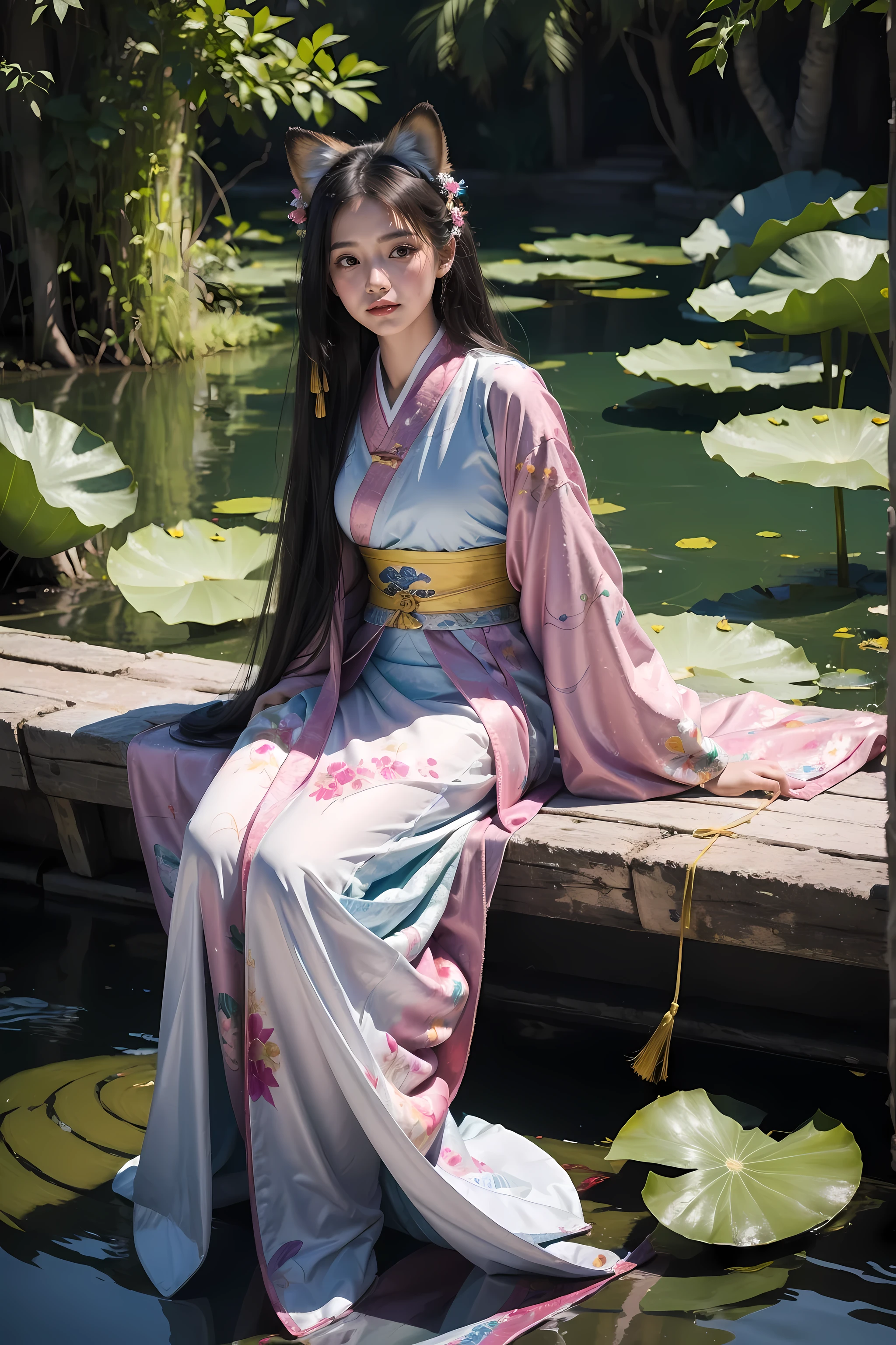 Ridicule, haute résolution, Super détaillé, (1 fille:1.3), Peinte à la main, Lignes simples, 1 fille wears colorful Chinese Hanfu, Fille sexy oreilles de renard, Au bord de l’étang aux lotus, chef-d&#39;œuvre, Asseyez-vous dans l&#39;eau, Vêtements flottants, Cheveux flottants