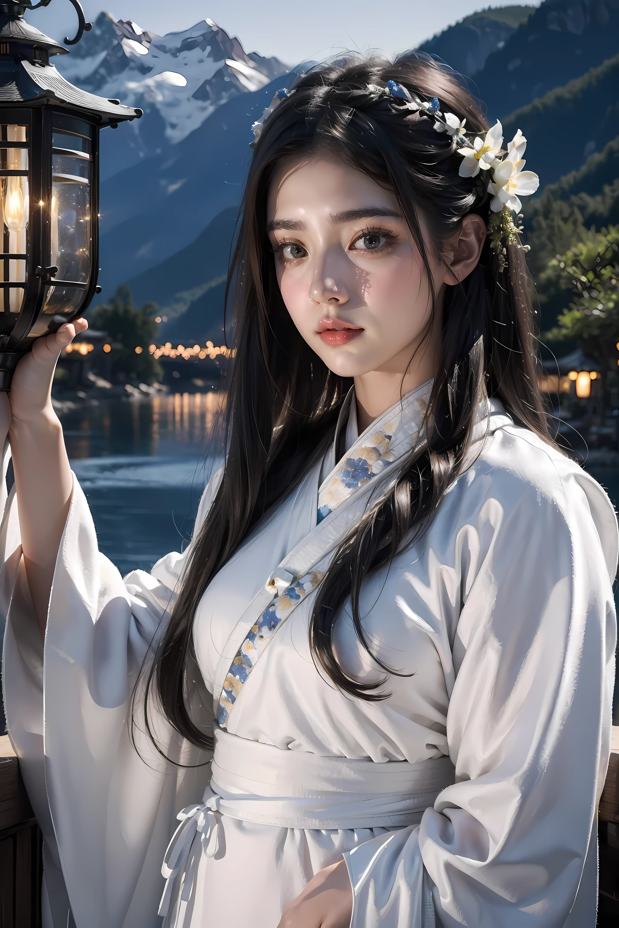 best quality, masterpiece, high resolution,, 1 girl, Detailed face, (Upper body:1.6), Digital City, mountains and rivers, night, Firefly lamps, actual, Rich in details, (white hanfu:1.2), (beautiful body:1.4),