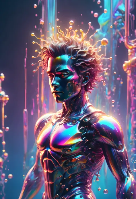 Portrait of colorful metal man emerging from water，Mechanical gears，neon gradient，vaporwave，（Laser colorful light waves），Metal r...