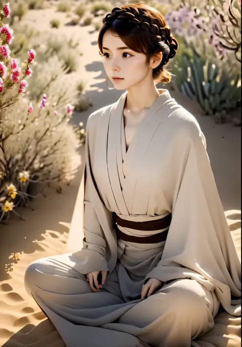 (Jedi Meditation:1.3), calm photos,1 girl, Jedi Master in Deep Meditation,  In Jedi costume, sit cross-legged,  (desert oasis:1....