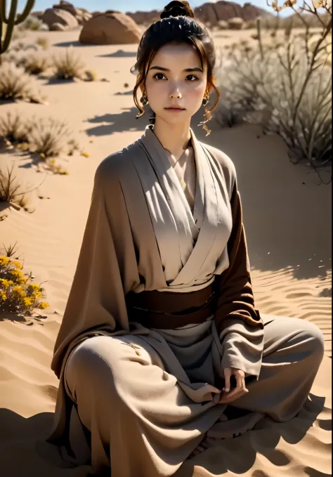 (Jedi Meditation:1.3), calm photos,1 girl, Jedi Master in Deep Meditation,  In Jedi costume, sit cross-legged,  (desert oasis:1....