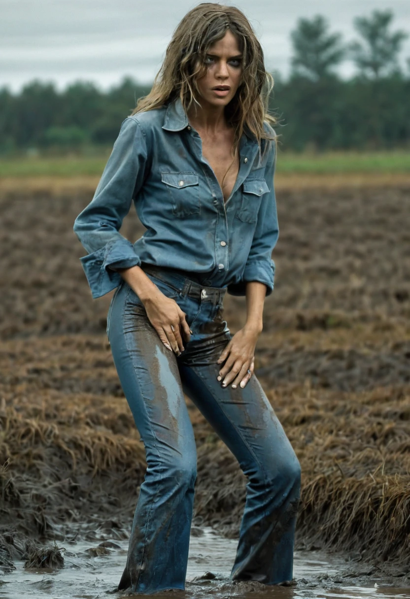 70s setting muddy fetishistic woman wearing soaking wet muddy flared jeans  experiences sexual tension while drowning in bog and flirting with her muddy  ass in jeans and having sex with herself -