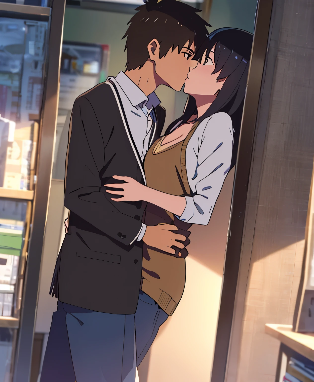 Anime couple kissing in a library with bookshelves in the background -  SeaArt AI