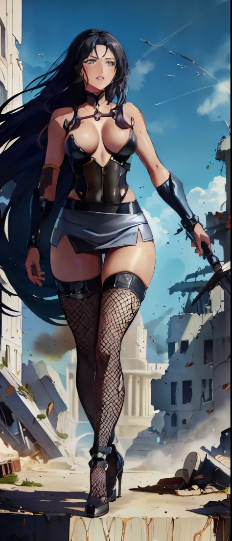 Anime girl with sword and armor walks through a destroyed city, 1woman, Monica Bellucci face,solo,   black_long_hair,  best quality, off-shoulder bikini,  plump,    highres,  green_eyes, High