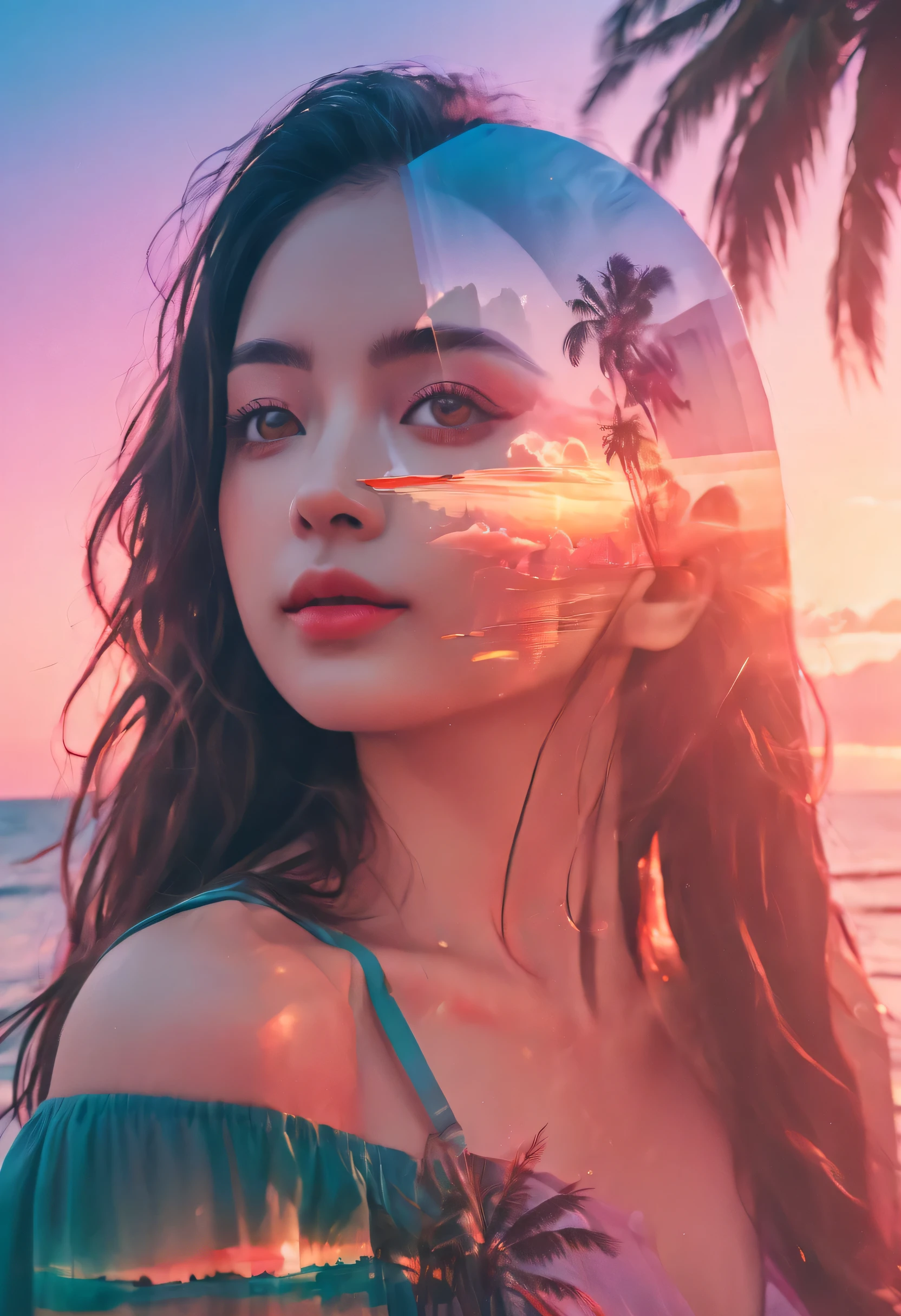 Die Ästhetik von Vaporwave, helle Farben, Doppelbelichtungsbild eines Sonnenuntergangs, Ozean, schöne Frau mit Palme