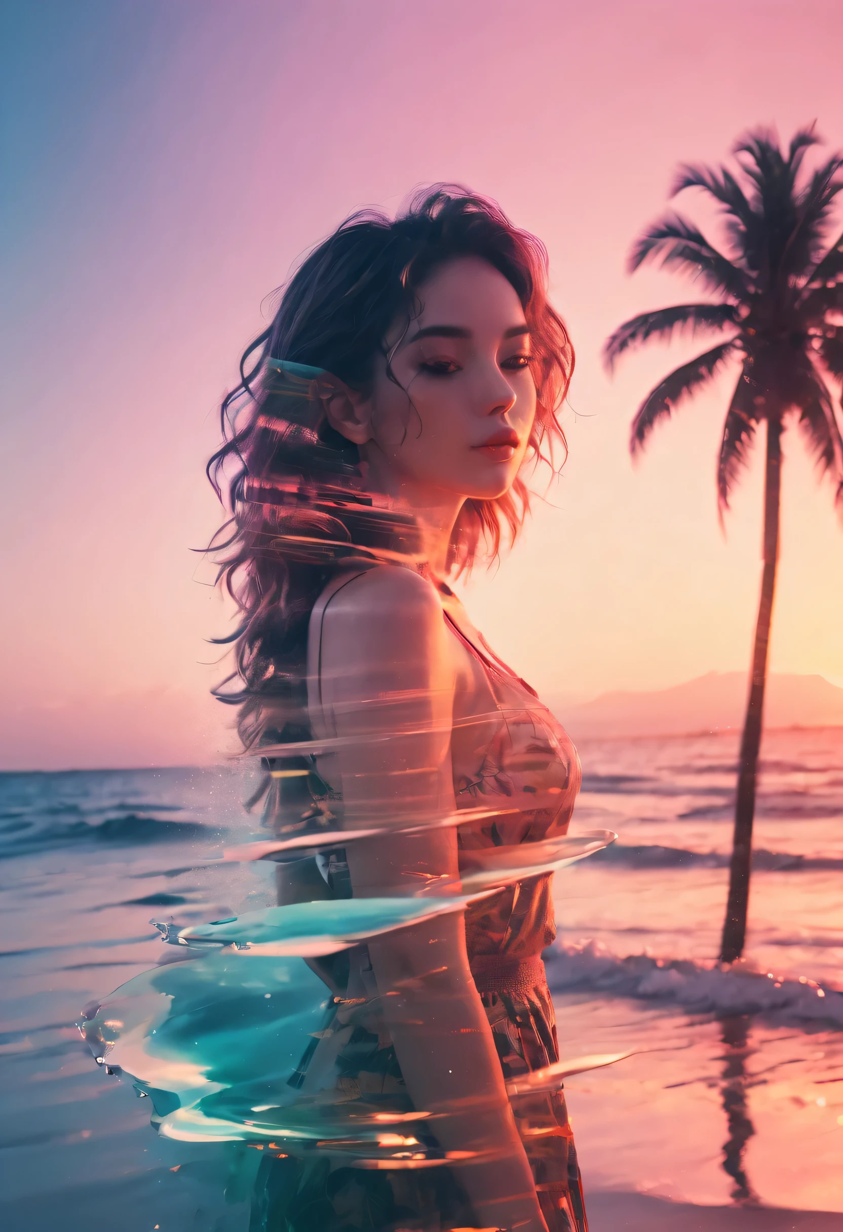 A estética do vaporwave, imagem de dupla exposição do pôr do sol, oceano, mulher bonita com palmeira