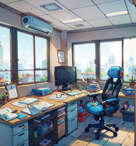 masterpiece, best quality, Work office with huge window, cartoon style