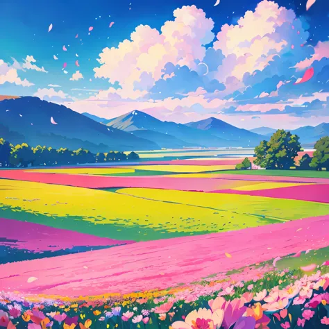 masterpiece, best quality, 8k high resolution, detailed, illustration, a field of flowers, full of flowers of various colors, ji...