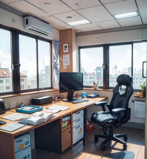 masterpiece, best quality, Work office with huge window, cartoon style, (black chair)
