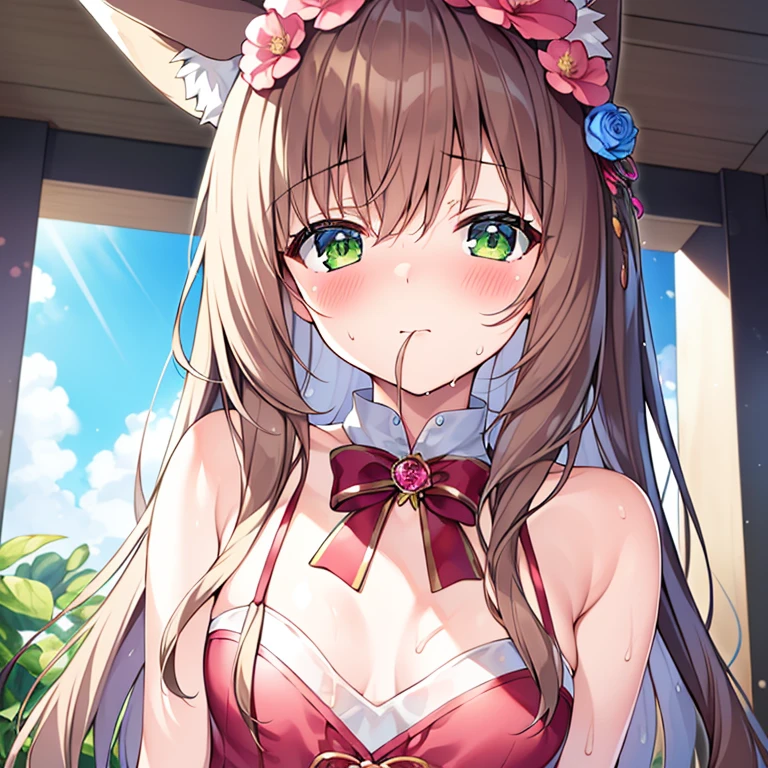 (masterpiece, highest quality, High resolution), 1 girl, alone, Oversized fox tail，long brown hair，green eyes，small flower headdress, (, junior high school student)，modern architecture，(blush:1.3),showing , , pink ,appear ,wet body , mature woman, upper body close-up，open your mouth_white discharge, unidentified pus，