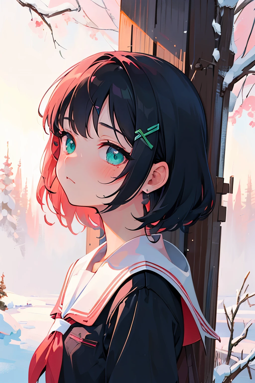 one girl,best quality,ultra-detailed, short black hair, deep green-eyed girl anime, she looks tired, tranquil expression, Seems timid,flat anime-style shading, vector-shaded anime, cute natural anime face, subtle anime style, cute anime face, her wearing student uniform, winter,bust up,
