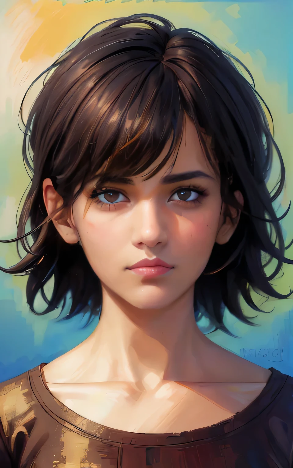 tanned skin, upper body portrait, photography, realism, horror style, beautiful face like a goddess, short bob hair, random hair color, Claude Monet, oil painting, rough touch, rough lines in motion, illustration, colorful, high resolution, high quality