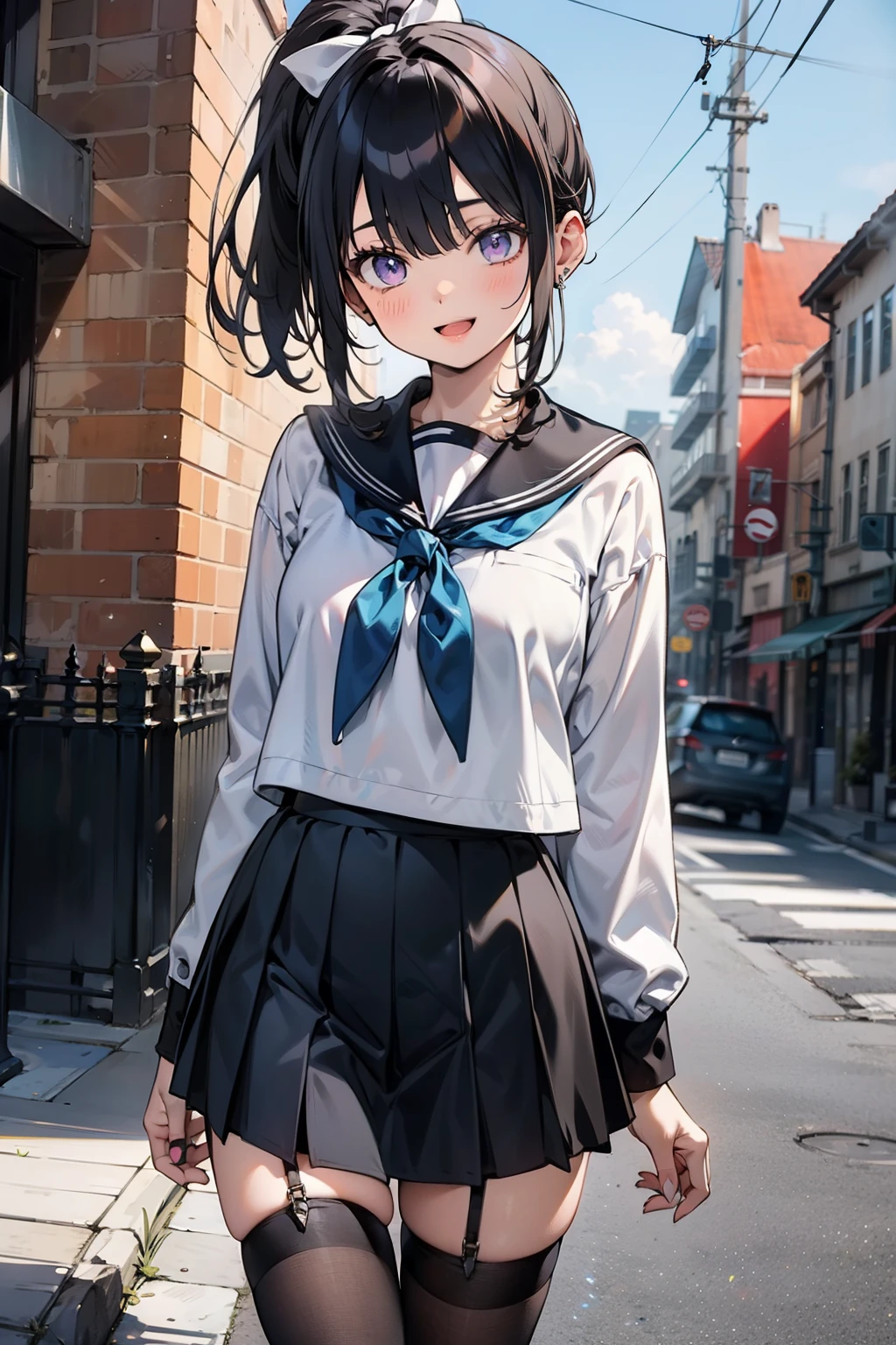 body 8 times longer than head, (Highly detailed CG unity 8k), （highest quality），（very detailed），（ultra high resolution）, black hair, High school girl wearing a navy sailor suit, Anime 2D rendering, realistic young anime high school girl, smile, purple eyes, small breasts, tall, slanted eyes, school scenery, black stockings, bright color, open your mouth a little, Dark blue skirt, ponytail, Tie your hair with a white ribbon, put your hands behind your back,