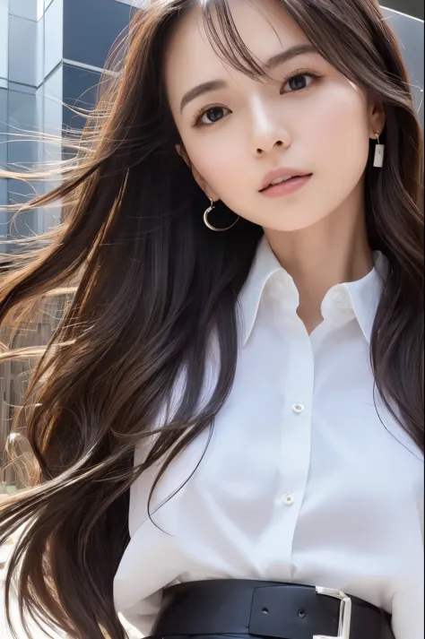 (Best quality, High resolution, Masterpiece :1.3), A Japanese lady, cute face, Slender abs, Dark brown hair styled in loose waves, Small breasts, Very thin waist, Wearing pendant, White button up shirt, Belt, Black skirt, (Modern architecture in background...