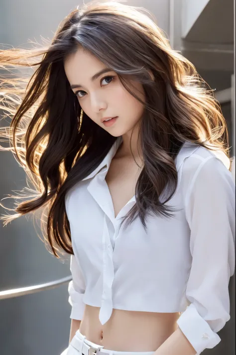 (Best quality, High resolution, Masterpiece :1.3), A Japanese lady, cute face, Slender abs, Dark brown hair styled in loose waves, Small breasts, Very thin waist, Wearing pendant, White button up shirt, Belt, Black skirt, (Modern architecture in background...