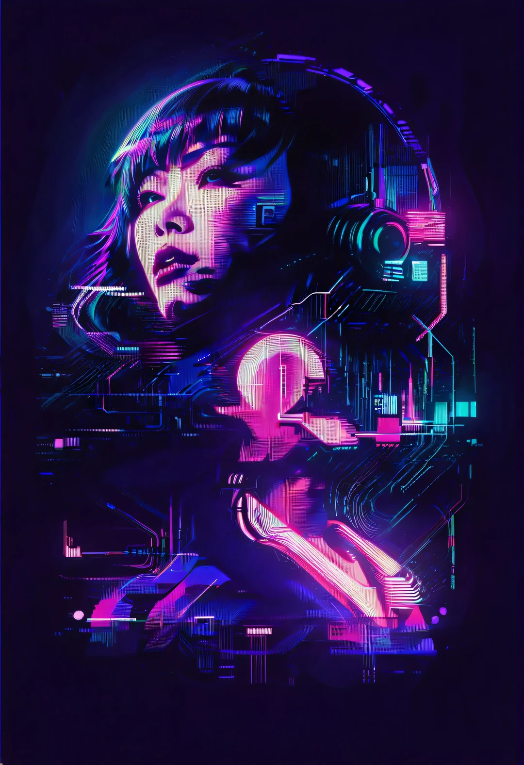 Vector illustration, Minimalism, number, vaporwave style, Beautiful and meticulous illustrations, A little more purple，
 vaporwave style, Beautiful detailed ， (Japanese female singer Maria Takeuchi raises her head and sings affectionately），cyberpunk style, Color rad retro poster, Award-winning,