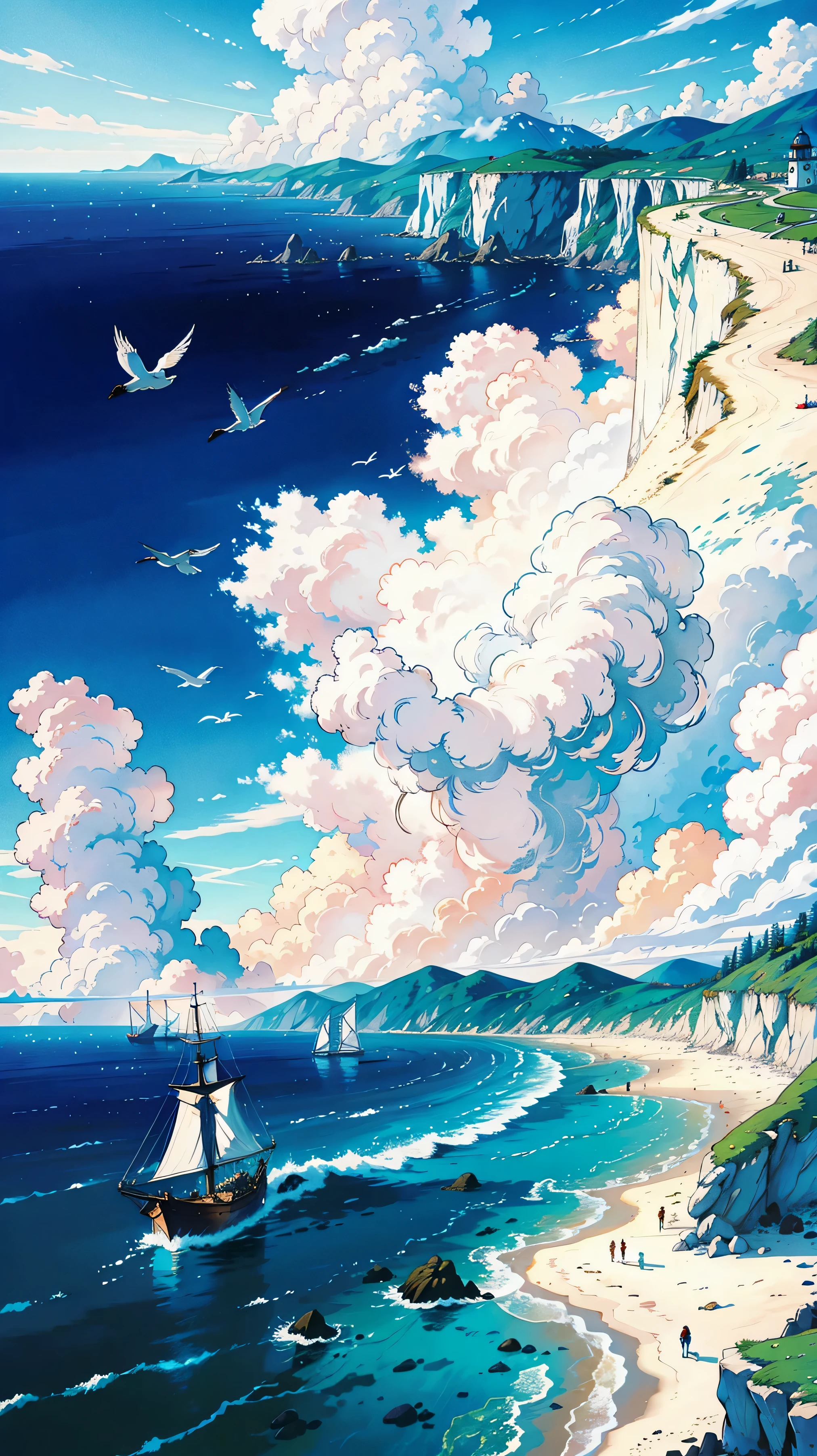 (masterpiece, best quality:1.1), wide angle, from below, (white cliff), mountain, blue ocean, low tide, sea waves, rocky beach, contrail, seagulls,large big light house ,horizon, breeze, summer, morning, sunny, cloud, calm, fresh air, sailboats, lighthouse, depth of field,view from above . Softer color composition ,digital art ,ultra detailing ,HD wallpaper images 