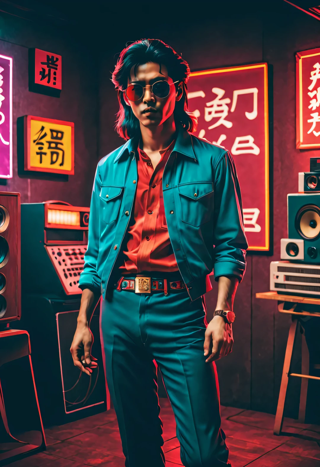 （1980년대 한자 디자인），매우 통일된 CG 장면 디자인，증기파 스타일,증기파 스타일，복고풍 스타일，
（1980년대 로큰롤 댄스홀에 있는 중국 젊은이들），（전신），（긴 머리와 큰 파도），（구레나룻의 털이 매우 길다.）（남성복을 입으세요&#39;1980년대 중국에서 유행했던 붉은 격자무늬 셔츠），（파란색 플레어 팬츠），（1980년대에 유행했던 금테 비행사 안경을 착용해 보세요.），（그의 손에는 1980년대의 대형 빈티지 테이프 레코더가 들려 있습니다..），standing next to each other with a 연설자, 연설자, retro and 1 9 80년대 스타일, 1980년 스타일, 1 9 80년대 스타일, 1980년대 스타일,오래된 벽돌 벽, 8 0 스타일, 1970년대 이후, 80년대 스타일, 80년대 스타일，풍부한 세부정보，中国1980년대 스타일，
증기파 스타일, 아름다운 상세한， Lo-Fi 사진 스타일, 레트로퓨처리즘 스타일, 울트라 모던 스타일, 빈티지 사진 스타일, 사이버펑크 스타일, 디스토피아 스타일，글리치 아트 스타일, 아름다운 상세한