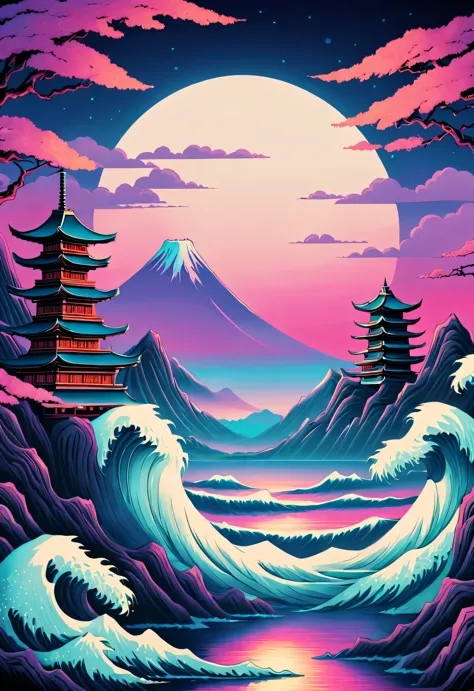 in style of vaporwave, Beautiful detailed，Color rad retro poster , Dan Mumford style, master of ukiyo-e, Vibrant stage backdrop,...
