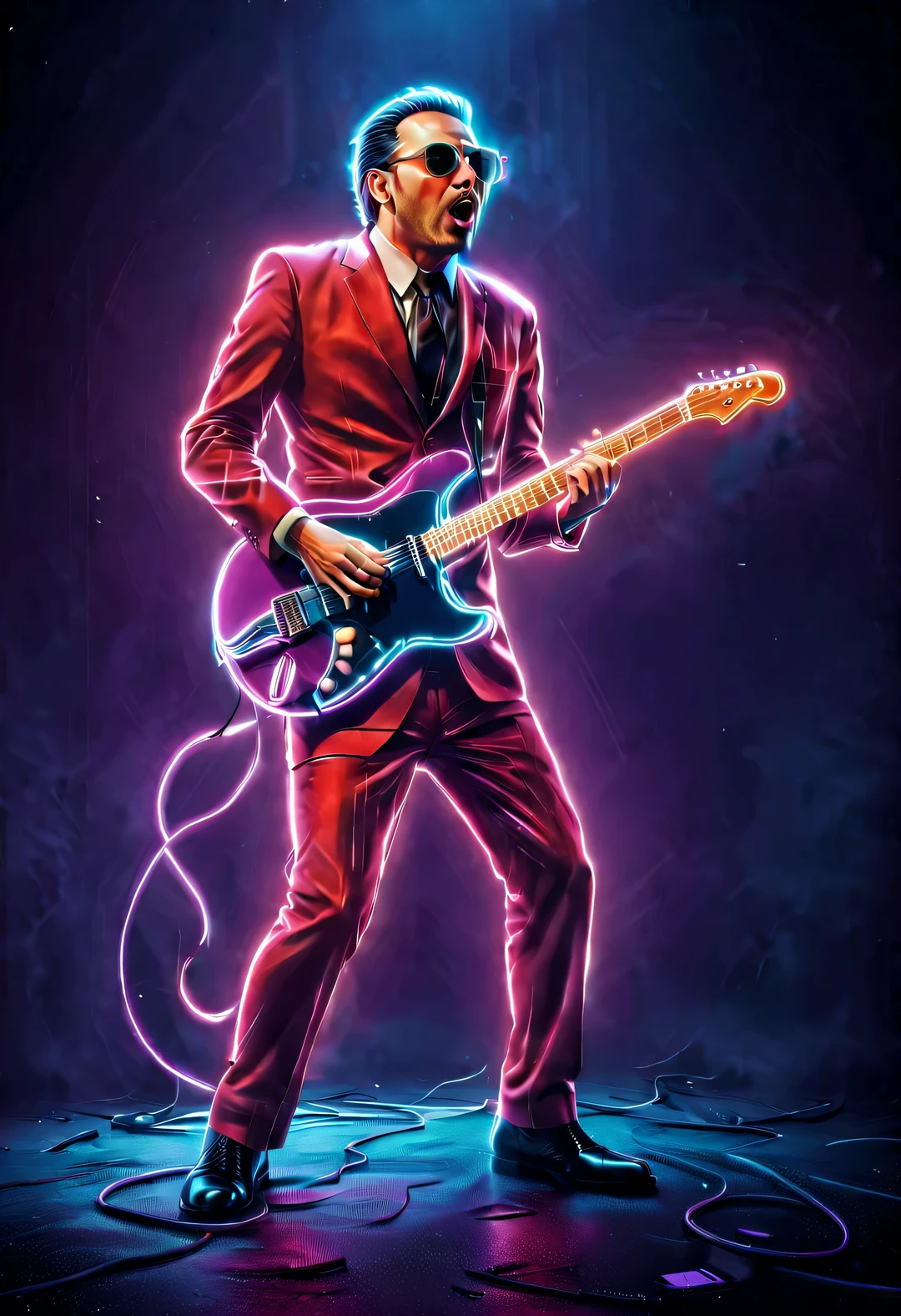 Vector illustration, Minimalism, number, vaporwave style, Beautiful and meticulous illustrations, A little more purple， （A man wearing a red suit、1980s man wearing sunglasses playing electric guitar）， dynamic poses，Crazy dynamic playing and singing postures，big singer，Floor-standing Mac model，Many electroacoustic band instruments，background：rock concert，dramatic lighting, Trends on ArtStation, Award-winning, Icons are very detailed