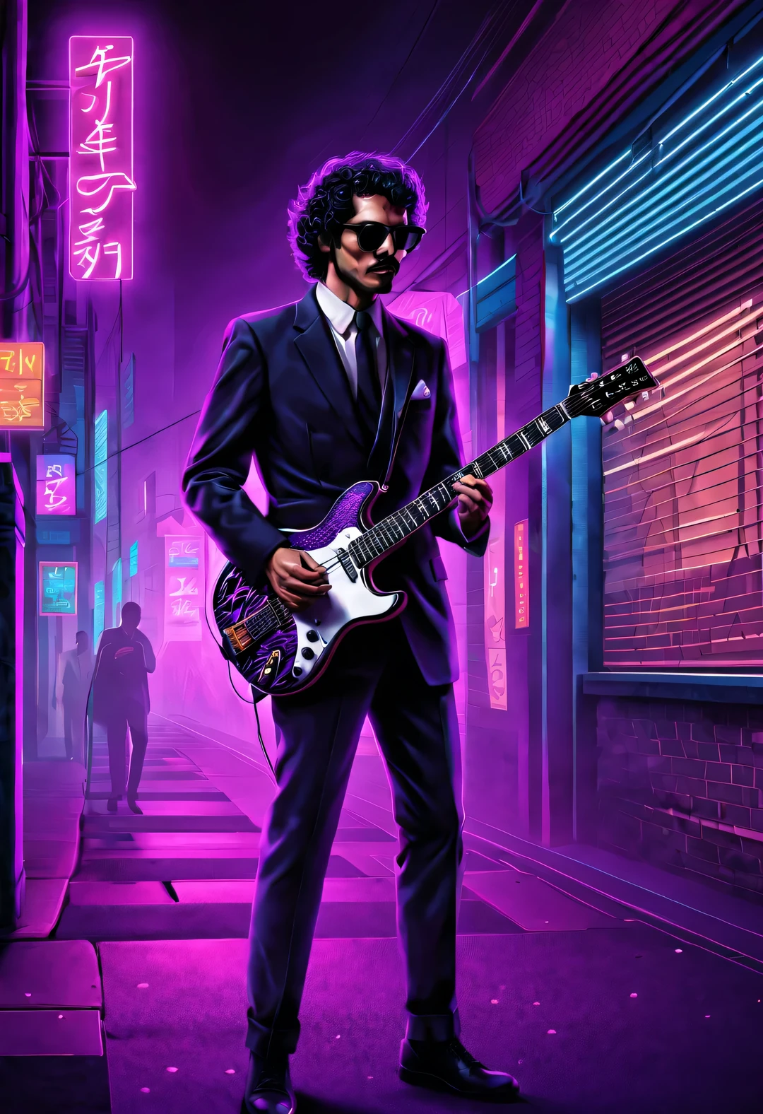 ベクターイラスト, ミニマリズム, 番号, ヴェイパーウェーブスタイル, 美しく細部までこだわったイラスト, もう少し紫色，
1980年代のアメリカのカラス柄の黒いスーツを着た男性、サングラスをかけエレキギターを弾く80年代の男性.,短い黒の巻き毛，背景都市ネオンボードストリートシーン，
 ドラマチックな照明, アートステーションのトレンド, 受賞歴のある, アイコンは非常に詳細です