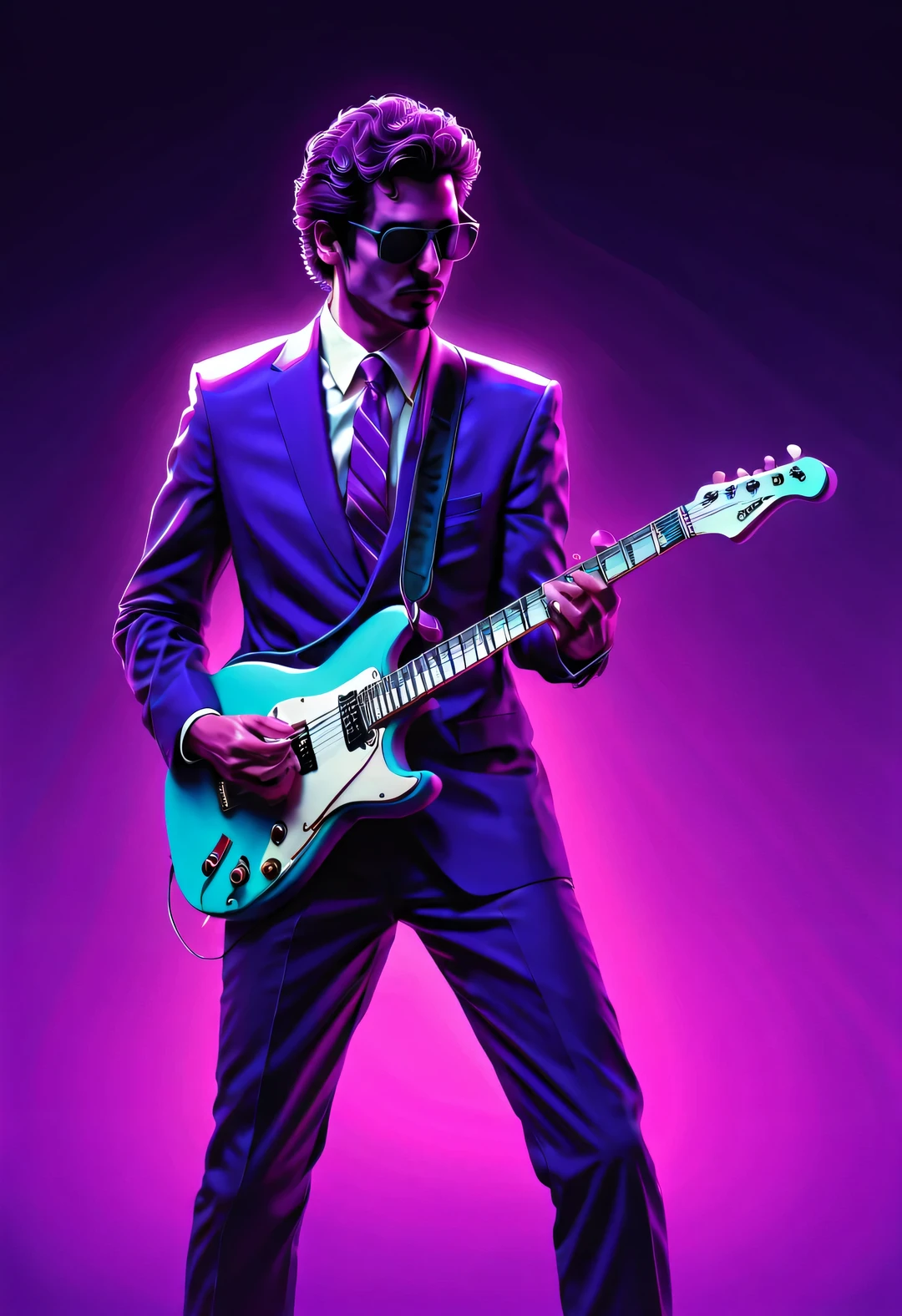 Vector illustration, Minimalism, number, vaporwave style, Beautiful and meticulous illustrations, A little more purple，
1980s man playing electric guitar，Dressed in America 1980&#39;S style suit，wearing sunglasses,,dynamic poses，dramatic lighting, Trends on ArtStation, Award-winning, Icons are very detailed