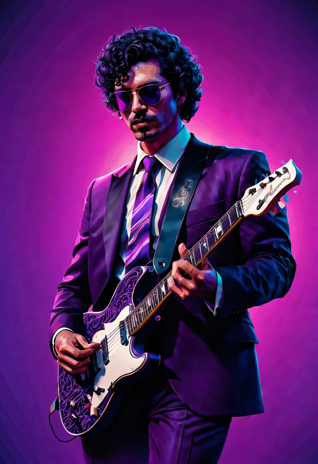 ベクターイラスト, ミニマリズム, 番号, ヴェイパーウェーブスタイル, 美しく細部までこだわったイラスト, もう少し紫色，
1980年代のアメリカのカラス柄の黒いスーツを着た男性、サングラスをかけエレキギターを弾く80年代の男性.,短い黒の巻き毛， ドラマチックな照明, アートステーションのトレンド, 受賞歴のある, アイコンは非常に詳細です