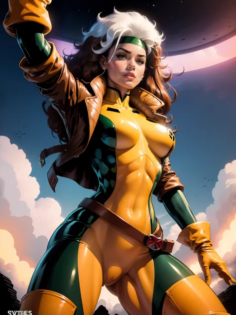 (((COMIC STYLE, CARTOON ART))), cinematic. 01 girl, solo, lonly, 19yo, A comic-style image of Rogue member of the X-Men in dynamic pose.  A woman with brown hair with a white streak, green eyes and special gloves.  She is flying in the sky, with clouds in ...