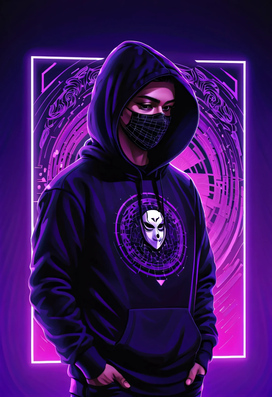 Vektorillustration, Minimalismus, Nummer, Vaporwave-Stil, Schöne und sorgfältige Illustrationen, Ein bisschen mehr Lila，
Hacker trägt schwarzen Kapuzenpullover mit Rabenmuster und Gesichtsmaske und arbeitet vor, T-Shirt Design, dramatische Beleuchtung, Trends on ArtStation, preisgekrönt, Die Symbole sind sehr detailliert