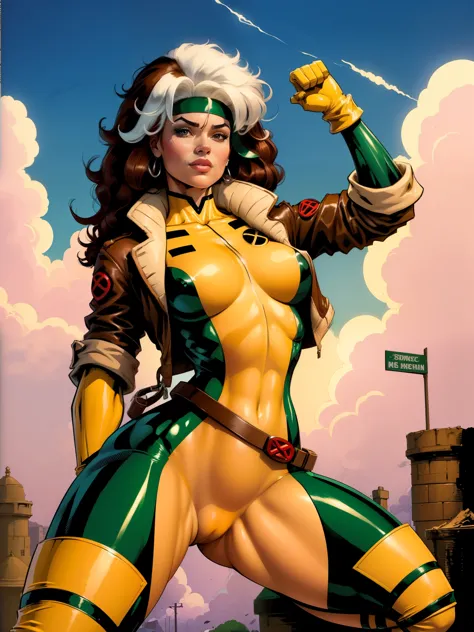(((COMIC STYLE, CARTOON ART))), cinematic. 01 girl, solo, lonly, A comic-style image of Rogue member of the X-Men in dynamic pose.  A woman with brown hair with a white streak, green eyes and special gloves.  She is flying in the sky, with clouds in the ba...