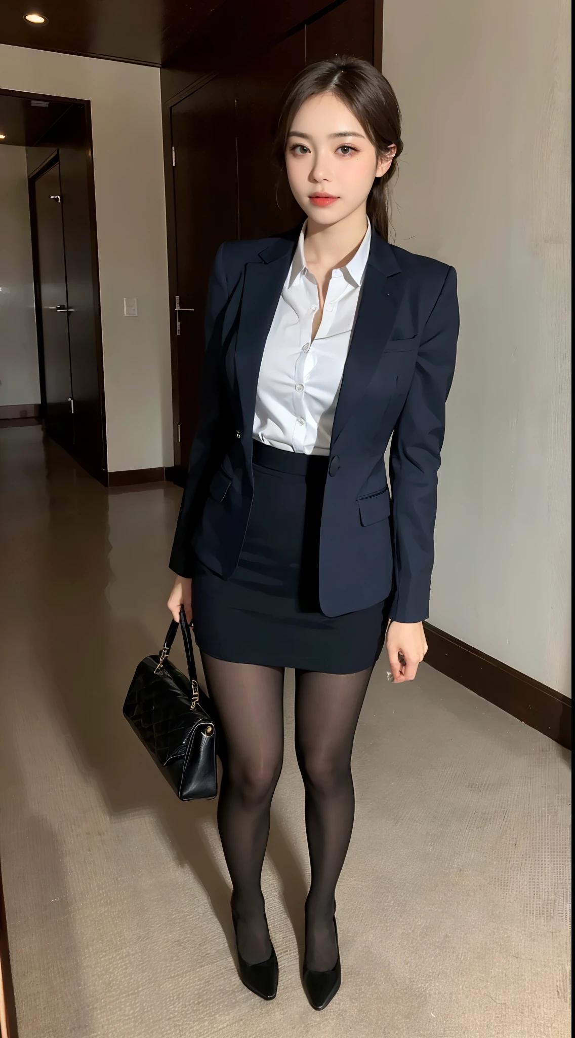 A close up of a woman in a skirt suit and heels - SeaArt AI