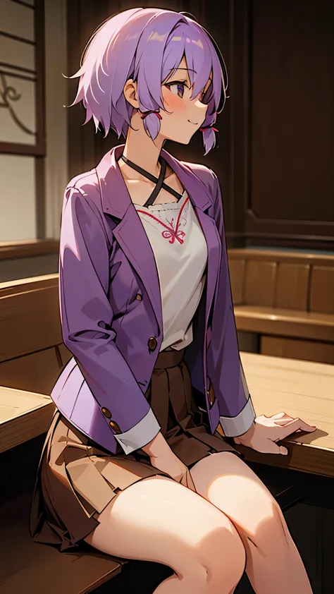 (highest quality、Extra fine、genuine)、Genki girl、solo、Yuitsuki Yukari、18-year-old、small breasts、Slender body type、profile、smile、blush、Light purple hair、short hair、(hair between eyes) 、（white sweater with embroidery、brown leather blazer、red skirt）、Sit across...