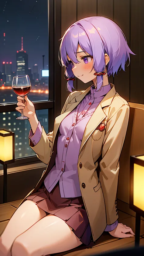 (highest quality、Extra fine、genuine)、Genki girl、solo、Yuitsuki Yukari、18-year-old、small breasts、Slender body type、profile、smile、blush、Light purple hair、short hair、(hair between eyes) 、（white sweater with embroidery、brown leather blazer、red skirt）、(sitting w...
