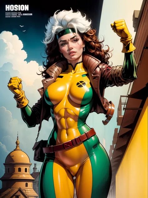 (((COMIC STYLE, CARTOON ART))), cinematic. 01 girl, solo, lonly, 16yo, A comic-style image of Rogue member of the X-Men in dynamic pose.  A woman with brown hair with a white streak, green eyes and special gloves.  She is flying in the sky, with clouds in ...