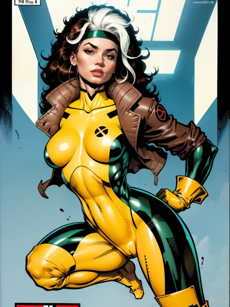 (((COMIC STYLE, CARTOON ART))), cinematic. 01 girl, solo, lonly, 16yo, A comic-style image of Rogue member of the X-Men in dynamic pose.  A woman with brown hair with a white streak, green eyes and special gloves.  She is flying in the sky, with clouds in ...