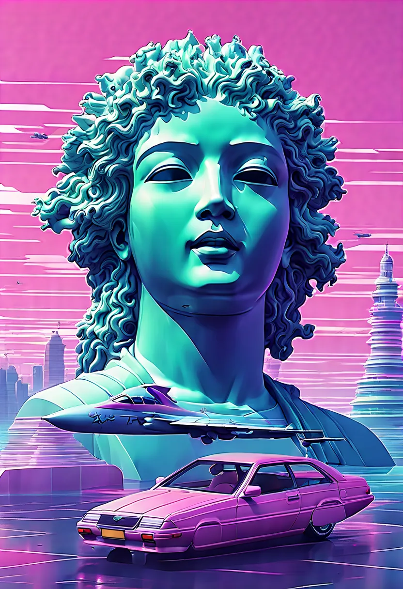 (Vaporwave Aesthetic:1.8)，Beautiful vaporwave aesthetics in artwork，Many aircraft and mechanical creatures