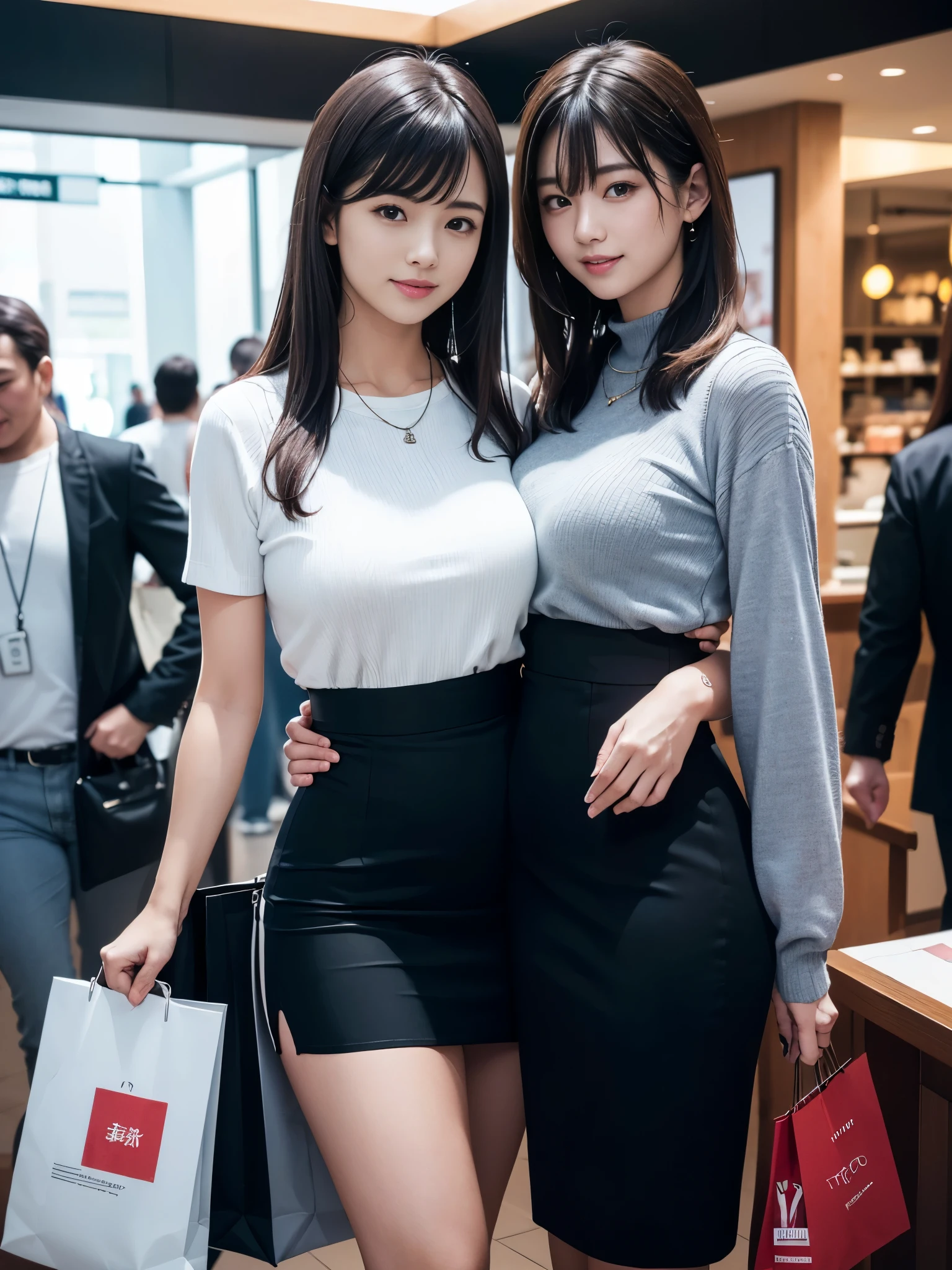 Two asian women in short skirts posing for a picture - SeaArt AI