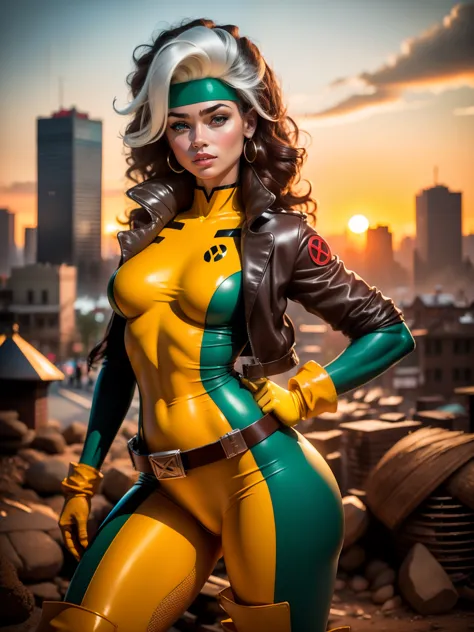 (((COMIC STYLE, CARTOON ART))), cinematic. 01 girl, solo, lonly, 16yo, A comic-style image of Rogue member of the X-Men posing for the photo, sesual pose.  A woman with brown hair with a white streak, green eyes and special gloves.  She wears her tradition...