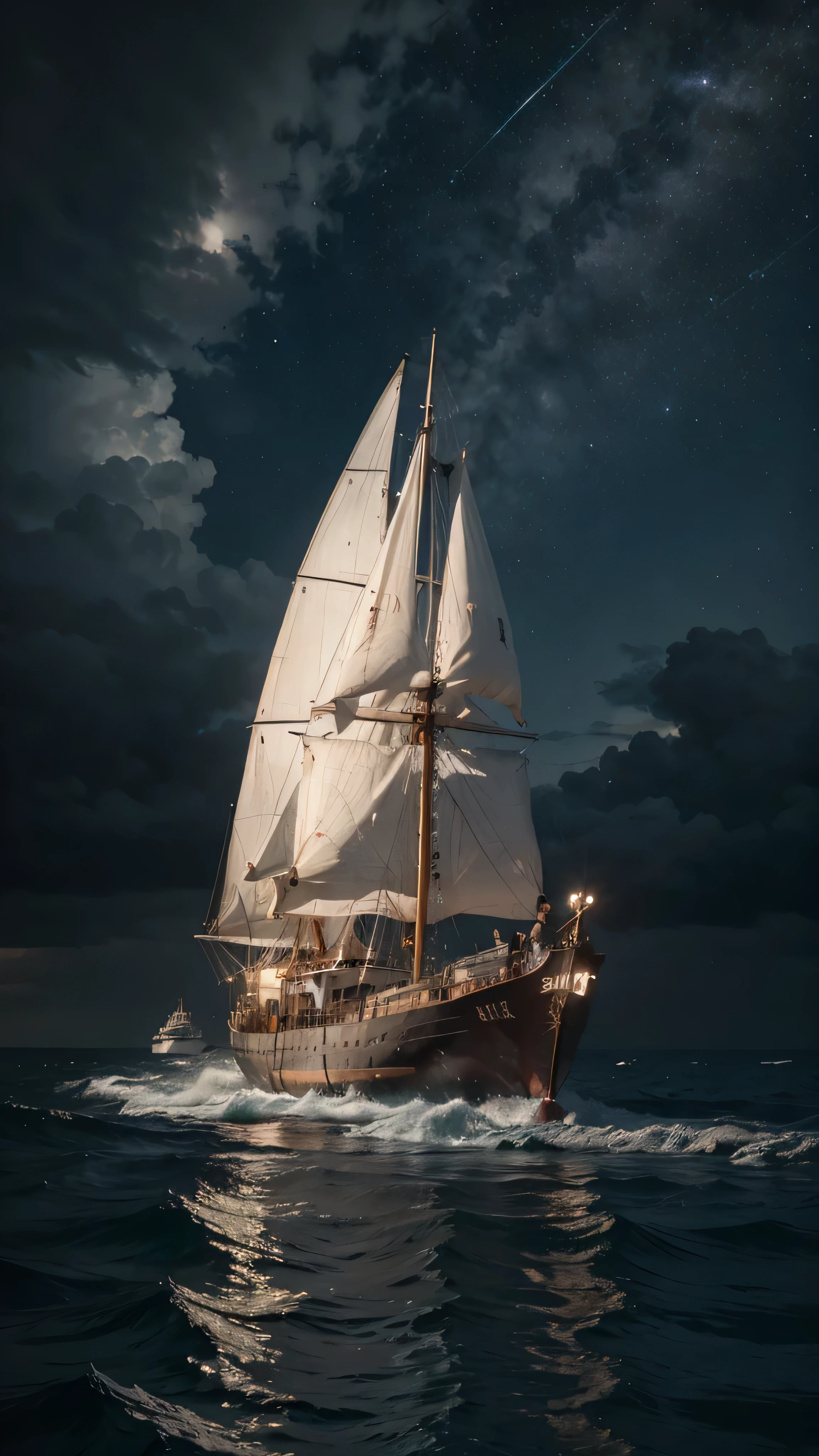 raw photo, large sailboat in the ocean off the coast ,on the shore there are palm trees and rocks and stones,изумрудная water,splatter ,water,ice,Snowfall,Element ,fantastic planets in the sky,"in the background there is a dark sky with lightning", nebula, galaxy, Focus, ultra-high quality, сверхдетализированный Focus,, high detail, 8K, photorealistic, Dazzling, Rule of thirds, depth of field, complex parts, Conceptual art, bright colors, futuristic design, Attention to detail, grandeur and awe, A stunning visual masterpiece, , hard light,