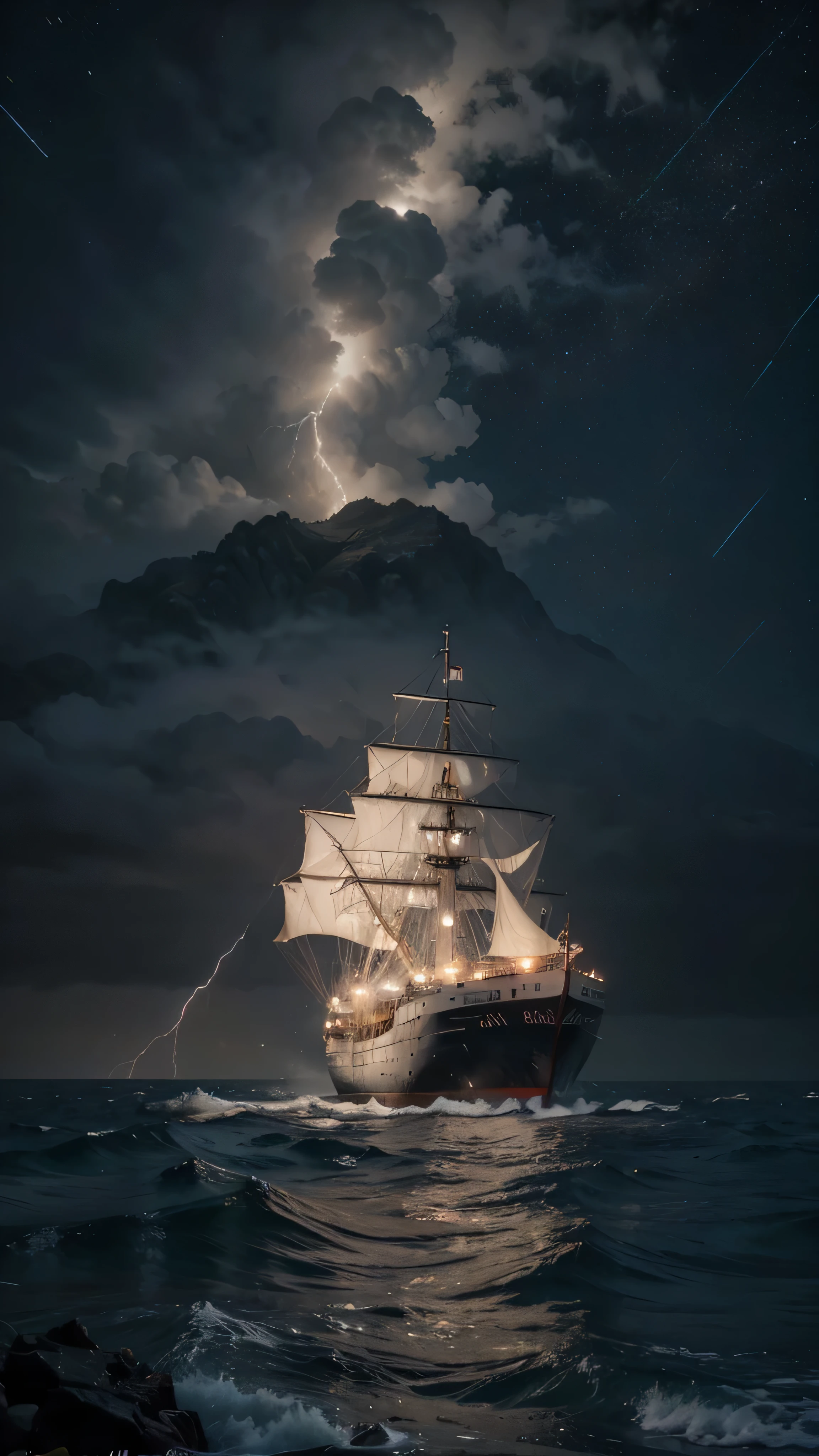 raw photo, large sailboat in the ocean off the coast ,on the shore there are palm trees and rocks and stones,изумрудная water,splatter ,water,ice,Snowfall,Element ,fantastic planets in the sky,"in the background there is a dark sky with lightning", nebula, galaxy, Focus, ultra-high quality, сверхдетализированный Focus,, high detail, 8K, photorealistic, Dazzling, Rule of thirds, depth of field, complex parts, Conceptual art, bright colors, futuristic design, Attention to detail, grandeur and awe, A stunning visual masterpiece, , hard light,