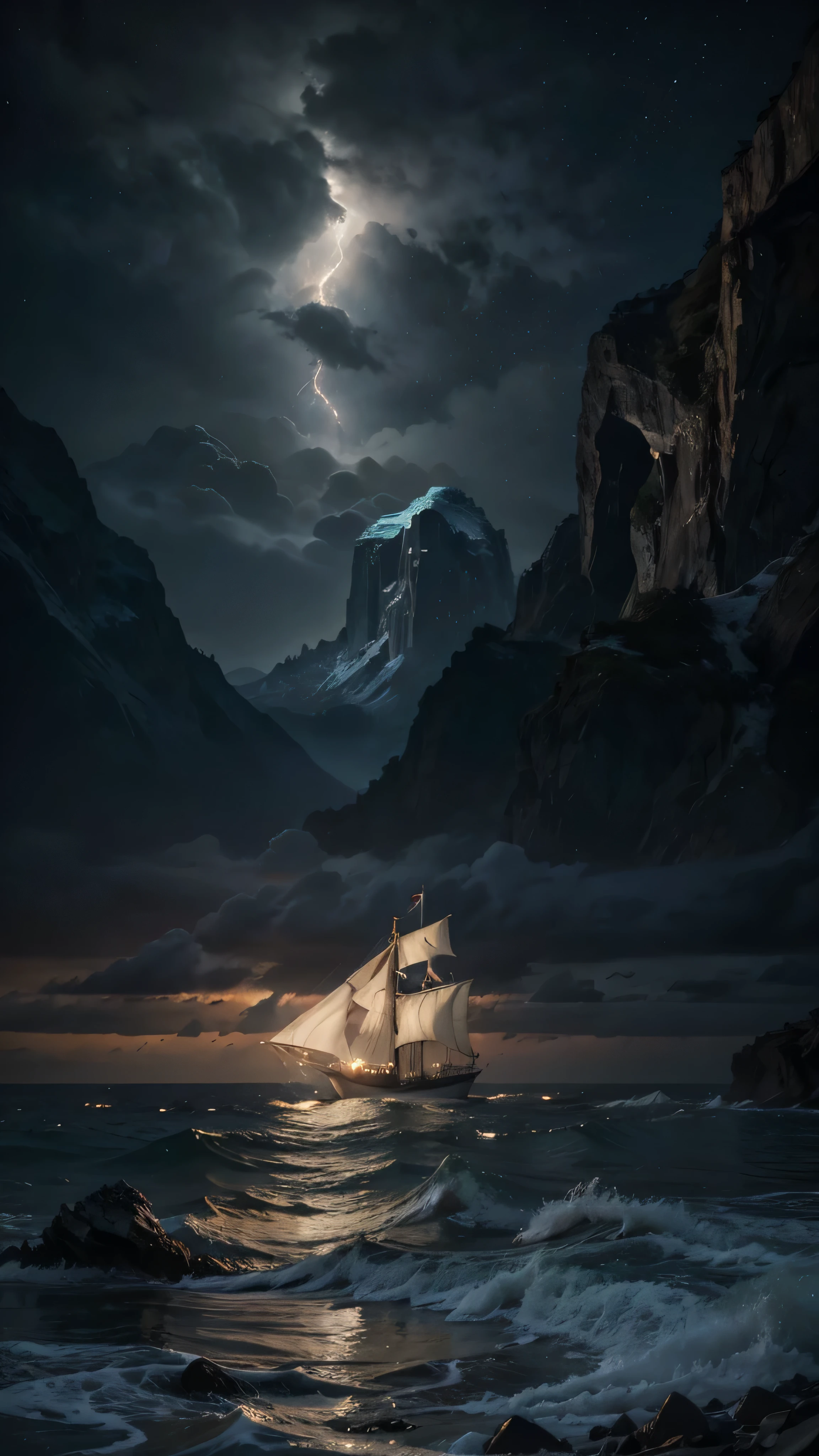 raw photo, large sailboat in the ocean off the coast ,on the shore there are palm trees and rocks and stones,изумрудная water,splatter ,water,ice,Snowfall,Element ,fantastic planets in the sky,"in the background there is a dark sky with lightning", nebula, galaxy, Focus, ultra-high quality, сверхдетализированный Focus,, high detail, 8K, photorealistic, Dazzling, Rule of thirds, depth of field, complex parts, Conceptual art, bright colors, futuristic design, Attention to detail, grandeur and awe, A stunning visual masterpiece, , hard light,