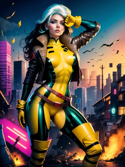 (((COMIC STYLE, CARTOON ART))), cinematic. 01 girl, solo, lonly, 16yo, A comic-style image of Rogue member of the X-Men (((posing SESUALLY for the photo))), look at the camera, sesual pose.  A woman with brown hair with a white streak, green eyes and speci...